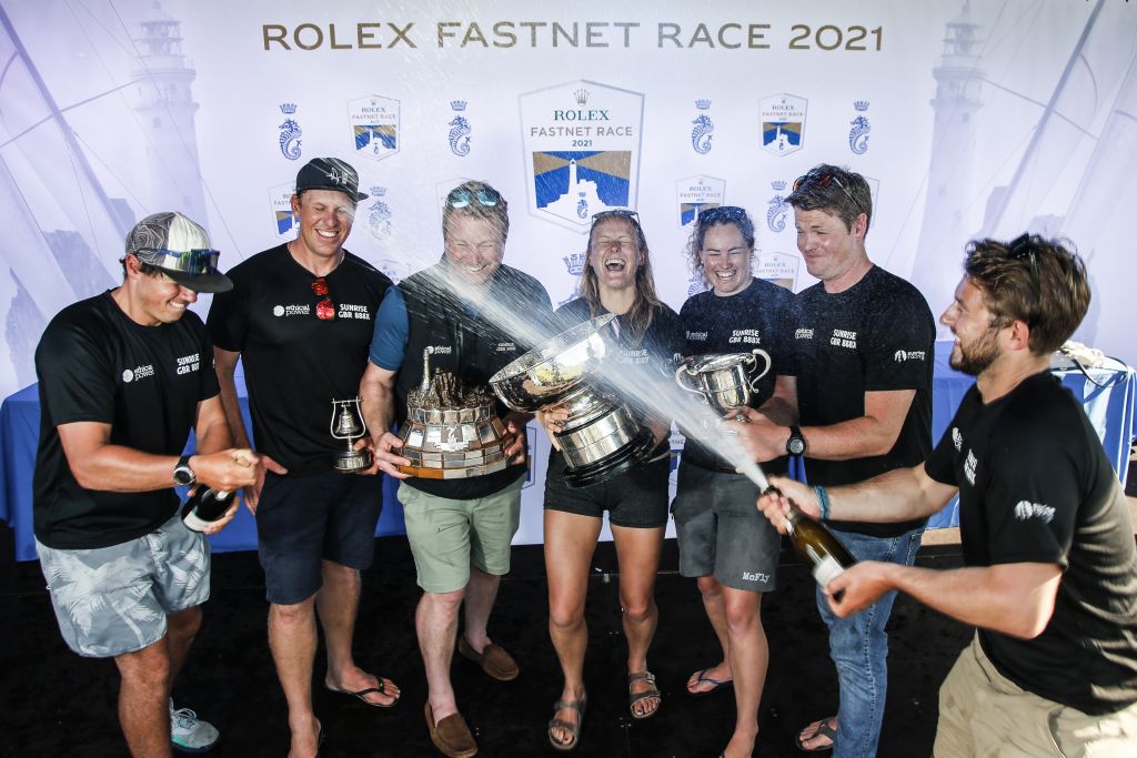 Back to defend their title in 2023: Tom Kneen’s JPK 11.80 Sunrise were victorious in the 2021 Rolex Fastnet Race, winning the Fastnet Challenge Cup for IRC Overall © Paul Wyeth/pwpictures.com